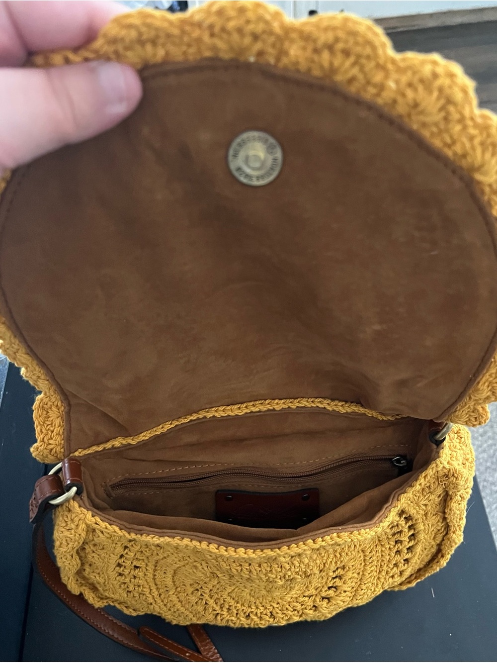 Patricia Nash Yellow Crochet Crossbody with Brown Strap - Picture 3 of 5